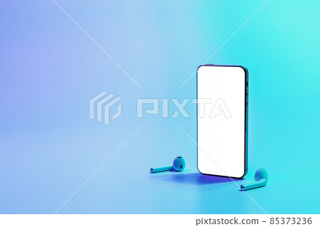 Screen mockup. Mobile smartphone technology blank screen. Mock up smart phone device, audio headphones on neon gradient banner. Game design, mobile application presentation or portfolio mockups. 85373236