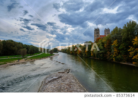 Isar river, park and St Maximilian church from Reichenbach Bridge. Munchen, Bavaria, Germany. Isar river, park and St Maximilian church from Reichenbach Bridge. Munchen, Bavaria, Germany. 85373614