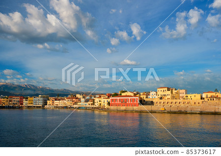 Picturesque old port of Chania, Crete island. Greece 85373617