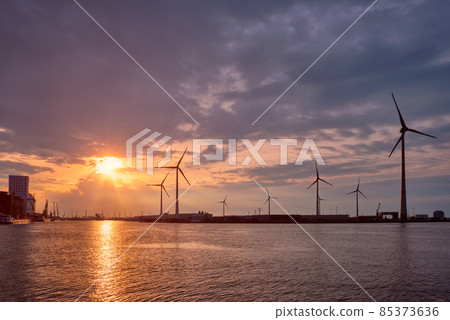 Wind turbines in Antwerp port on sunset. 85373636