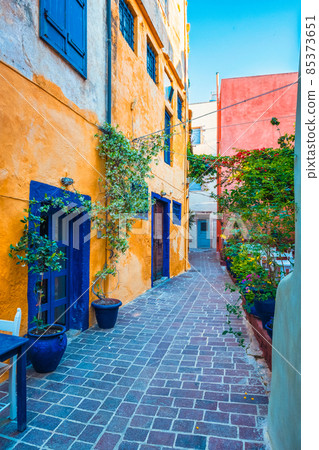 Scenic picturesque streets of Chania venetian town. Chania, Creete, Greece Scenic picturesque streets of Chania venetian town. Chania, Creete, Greece 85373651