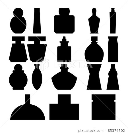 Perfume bottles set. Black silhouettes. Vector illustrastrations and icons on white background. 85374502