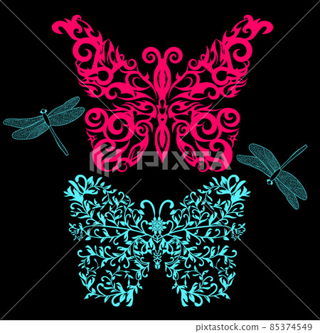 Butterfly and dragonfly tattoo isolated 85374549