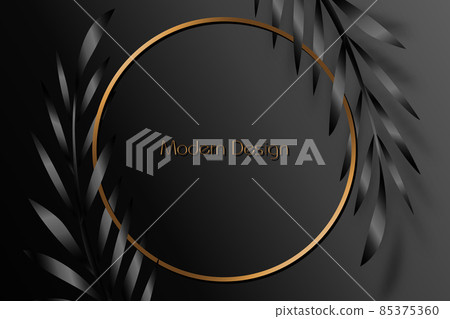 Exotic black banner, cover design. Floral background with tropical leaf pattern palm tree. Premium gold circle frames, vector template for lux invitation party, luxury voucher, gift card 85375360