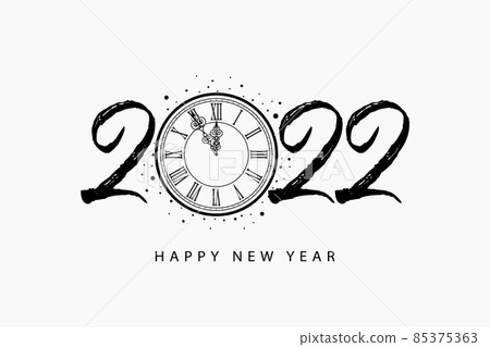 2022 new year card, banner. Beautiful greeting poster calligraphy text words clock chimes stars. Hand drawn design elements. Handwritten modern brush lettering on black background isolated vector. 2022 new year card, banner. Beautiful greeting poster calligraphy text words clock chimes stars. Hand drawn design elements. Handwritten modern brush lettering on black background isolated vector. 85375363