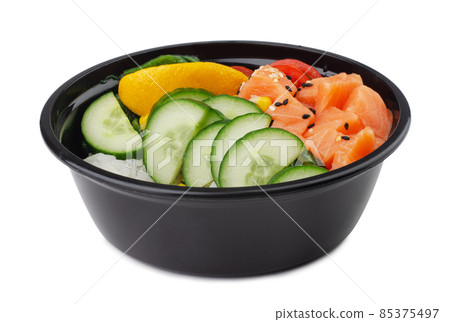 Poke bowl with salmon fish, rice, cucumber, sesame seeds isolated 85375497