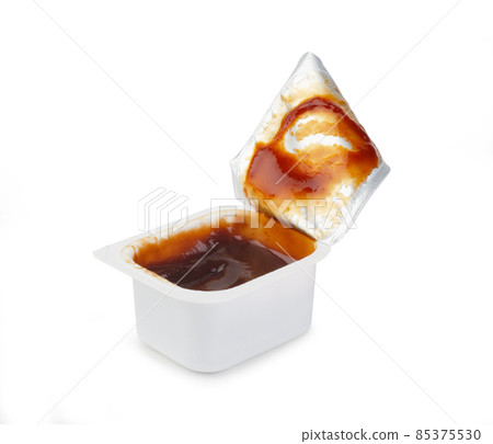 Open BBQ fast food dip packet isolated Open BBQ fast food dip packet isolated 85375530