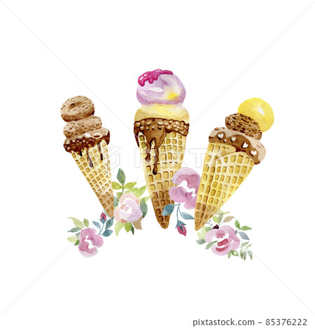 Chocolate Strawberry Berry Ice Cream Cone Rose Flowers Watercolor Square Composition 85376222