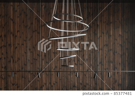 Modern led Pendant light lamp against wood wall, Elegant spiral ceiling Chandelier. Contemporary interior concept Modern led Pendant light lamp against wood wall, Elegant spiral ceiling Chandelier. Contemporary interior concept 85377481