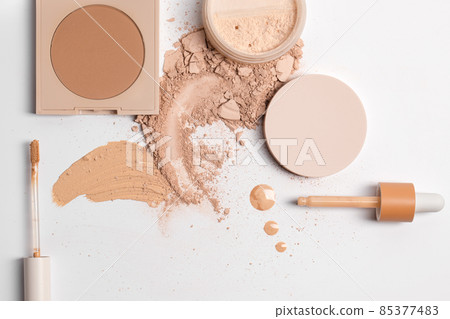 Set with Crashed beige face finishing, bronzing and liquid serum powder and tools isolated on white background Set with Crashed beige face finishing, bronzing and liquid serum powder and tools isolated on white background 85377483