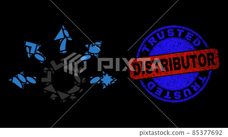 Bicolor Distress Trusted Distributor Badge and Geometric Mosaic Gearwheel Distribution Icon 85377692