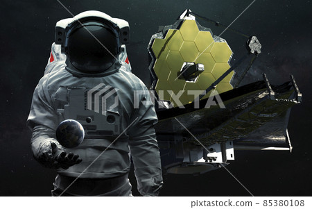 Astronaut and telescope James Webb. JWST launch art. Elements of image provided by Nasa 85380108