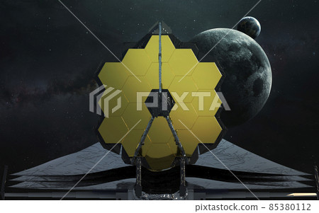 The James Webb telescope prepares to enter orbit L2. JWST launch art. Elements of image provided by Nasa 85380112