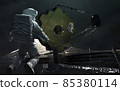 Astronauts examines the James Webb telescope. JWST launch art. Elements of image provided by Nasa 85380114