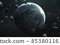 Planet Earth and field of asteroids. Elements of image provided by Nasa 85380116