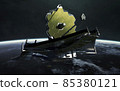 The James Webb telescope orbiting planet Earth. JWST launch art. Elements of image provided by Nasa 85380121