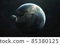 Africa, Europe, Asia. Planet Earth and Moon view from space. Elements of image provided by Nasa 85380125