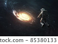 Astronaut at spacewalk looks at Milky Way galaxy. Elements of image provided by Nasa 85380133