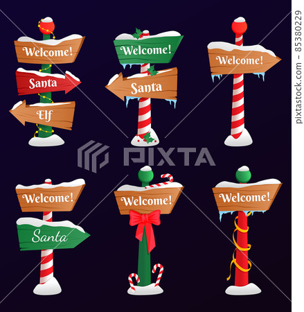 Collection of North Pole signs or Christmas. Winter holiday xmas symbol, cartoon banner. Christmas set. EPS 10. Transparency. Gradients. 85380229