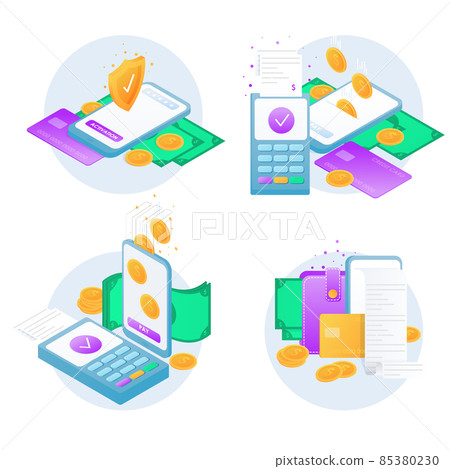 Set of modern flat design icons for mobile payments and nfc. Mobile payment, business finance pay, transaction online 85380230