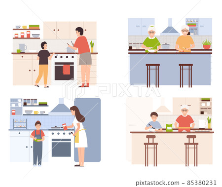 Collection of people cooking in kitchen, serving table, dining together, eating food. Parents, grandparents and kids preparing food for dinner, bake cookies and cake. 85380231