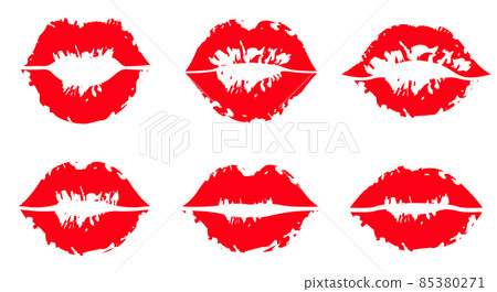 Red lips collection set. Red female glossy lips collection of various emotions. kiss ,smile, beauty 85380271