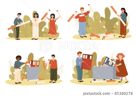 Smokers quitting smoke cigarettes, refusing from tobacco, rejecting from unhealthy bad habit. People Cutting Cigarette on Pieces, Male Smokers Team Fighting with Addiction Illustration 85380278