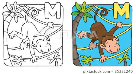 Coloring book of funny monkey on lians. Alphabet M Coloring book of funny monkey on lians. Alphabet M 85381240