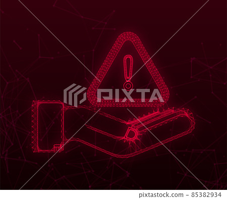 banner with yellow scam alert over hands. Attention sign. Cyber security icon. Caution warning sign sticker. Flat warning symbol. Vector stock illustration 85382934