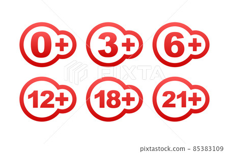 Censored 0, 3, 6, 12, 18, 21 plus sign limit concept. Age restrictions, censorship. Vector stock illustration 85383109