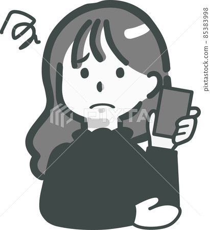 [單色] 一位長發女性在使用智能手機時遇到問題的插圖 85383998