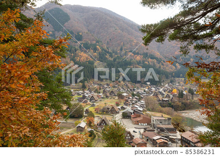Shirakawa-go in late autumn overlooking the castle ruins 1 85386231