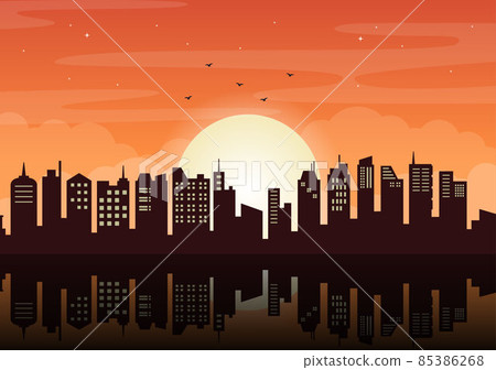 Sunset Modern City Skyline Landscape with Orange Sky of Town Buildings and Cityscape Sky in Flat Illustration for Poster, Banner or Background 85386268