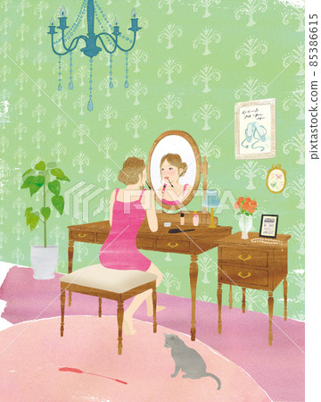 一個女人在梳妝台前化妝 一個女人在梳妝台前化妝 85386615
