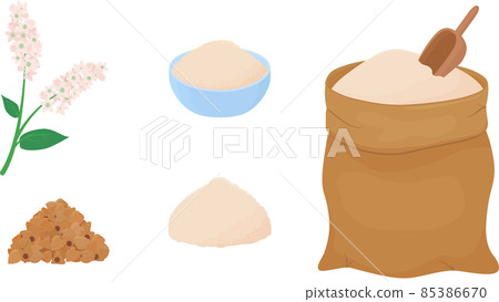 Buckwheat flour in a canvas bag with scoop Buckwheat flour in a canvas bag with scoop 85386670