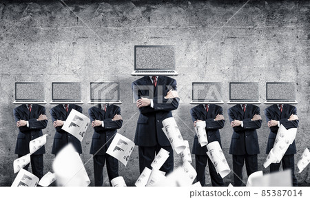 Businessmen with laptops instead of head. Businessmen with laptops instead of head. 85387014