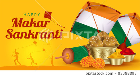 Happy Makar Sankranti festival banner with silhouette of children flying kites, Paper kites and Sesame seeds ball or Tilgul Ladoo. Happy Makar Sankranti festival banner with silhouette of children flying kites, Paper kites and Sesame seeds ball or Tilgul Ladoo. 85388895