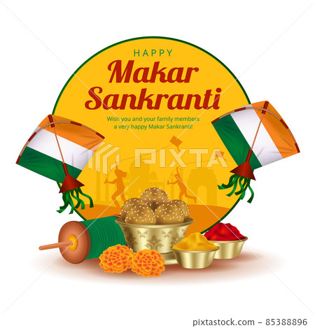 Happy Makar Sankranti festival banner with silhouette of children flying kites, Paper kites and Sesame seeds ball or Tilgul Ladoo. 85388896