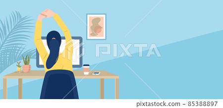 Back view of a young woman stretching her arms in home office. Vector 85388897