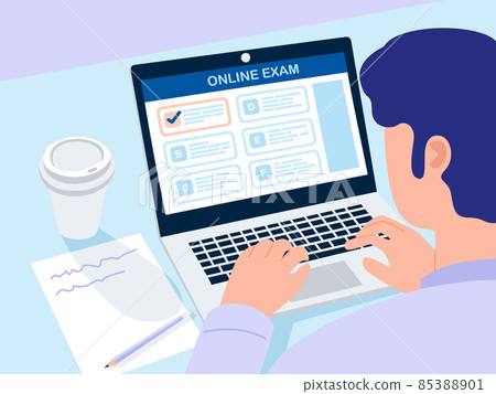Illustration of a man taking online college exam at home. Vector Illustration of a man taking online college exam at home. Vector 85388901