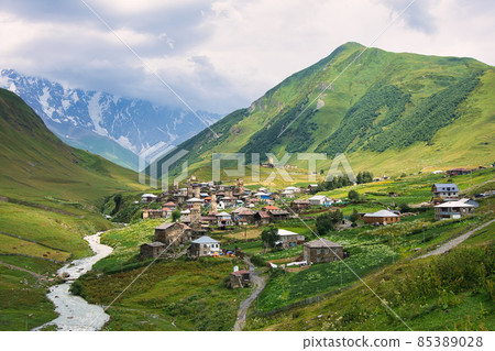 Ushguli village with rock tower houses in Svaneti, Georgia. 85389028
