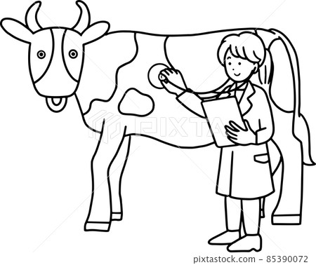 只檢查母牛的獸醫的插圖 線描 85390072
