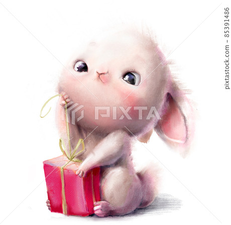 cute white hare character with present box cute white hare character with present box 85391486