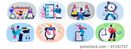 Set of diverse employees multitask meet deadline Set of diverse employees multitask meet deadline 85392707