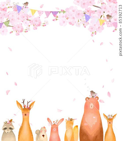Spring Scandinavian cute frame illustration vector material under the cherry tree in full bloom with forest animals and birds 85392713