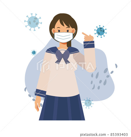 covid-19 concept.female japanese student is showing that he is wearing medical mask.Flat vector cartoon character illustration. 85393403