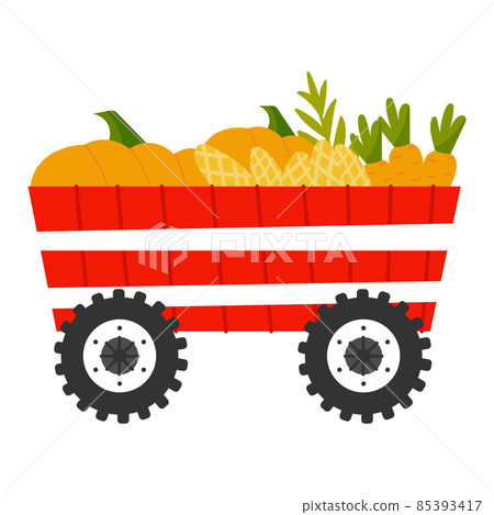 Red trailer with vegetables in cartoon style isolated on white background, farm transport, rural lifestile concept Red trailer with vegetables in cartoon style isolated on white background, farm transport, rural lifestile concept 85393417
