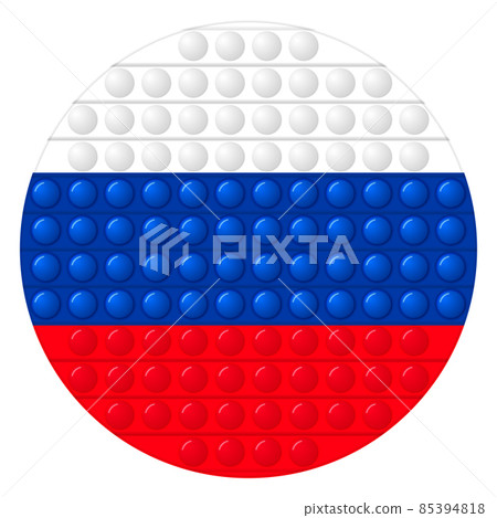 Glass light ball with flag of Russia. Round sphere, template icon. Russian national symbol. Glossy realistic ball, 3D vector illustration. Trendy antistress game pop it, simple dimple. Big bubble 85394818