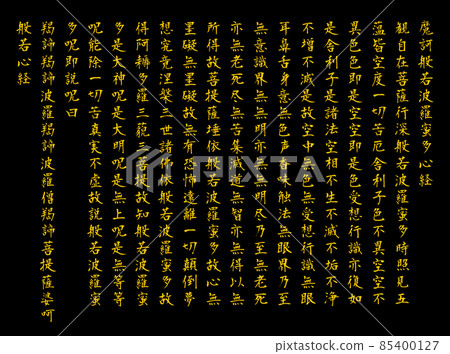 The full text of the Heart Sutra in golden brush letters on a black background The full text of the Heart Sutra in golden brush letters on a black background 85400127