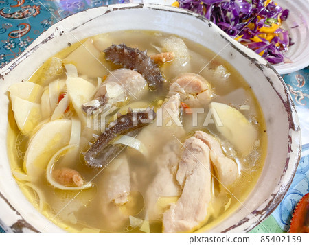 Chinese home-cooked chicken and seafood soup with bamboo shoots 85402159